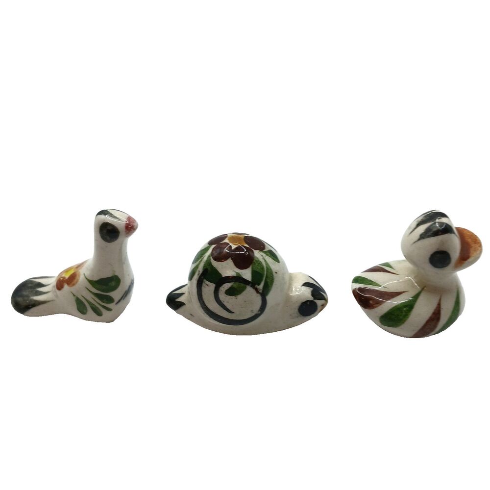 Mexican Folk Art Tonala Pottery Mini Animal Figures Snail Dove Duck Bird x3